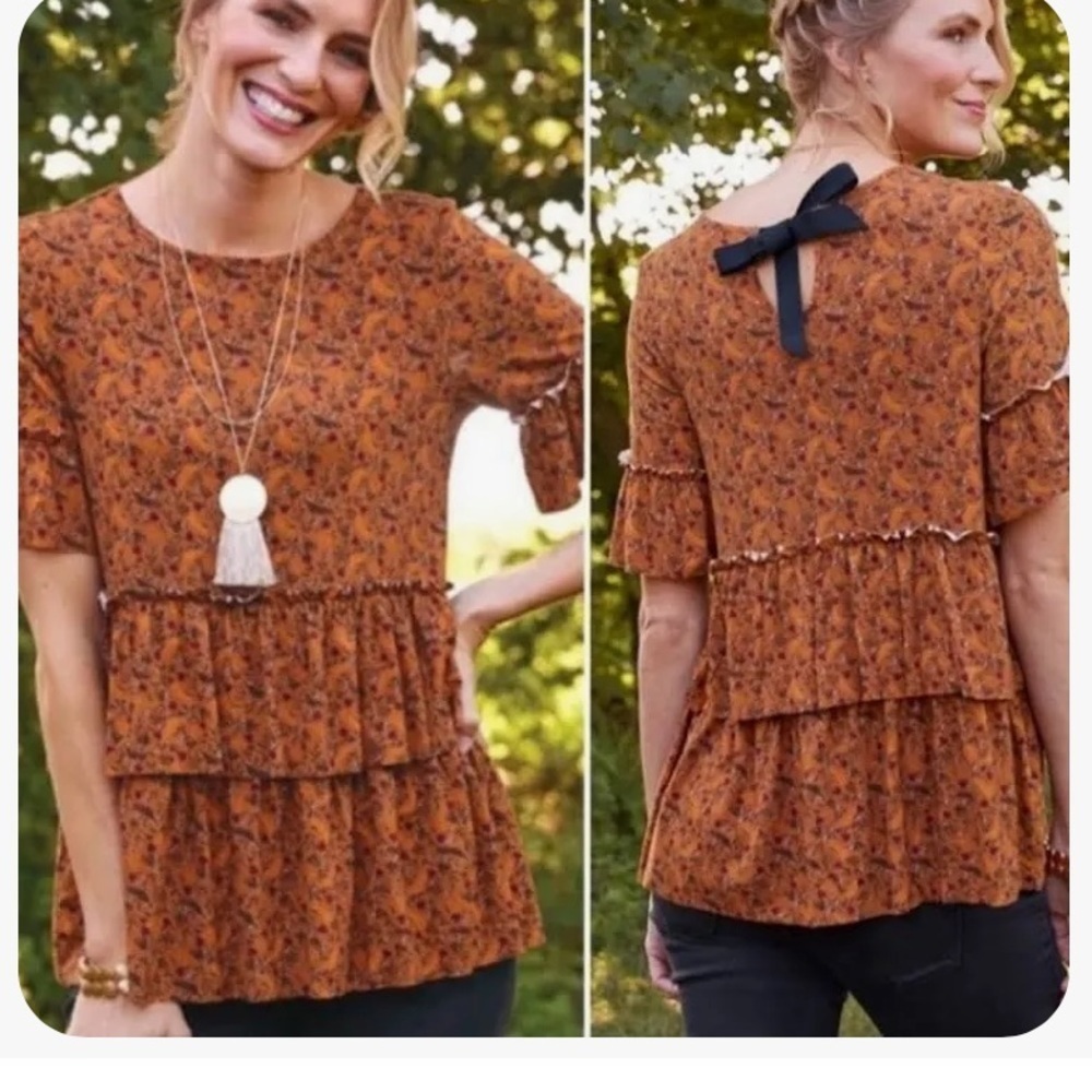 Matilda Jane women’s Give Thanks Ruffle Tiered Floral Tunic Top Size Small